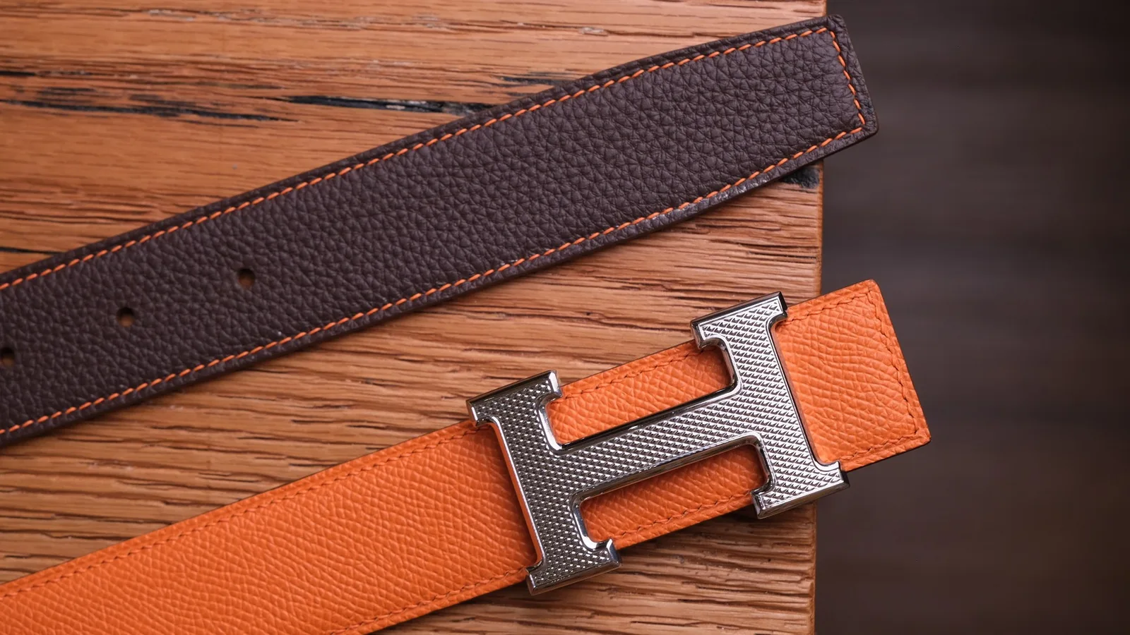 Ảnh Studio Dây thắt lưng da Epsom phối Togo hai mặt màu cam nâu - Koi Leather