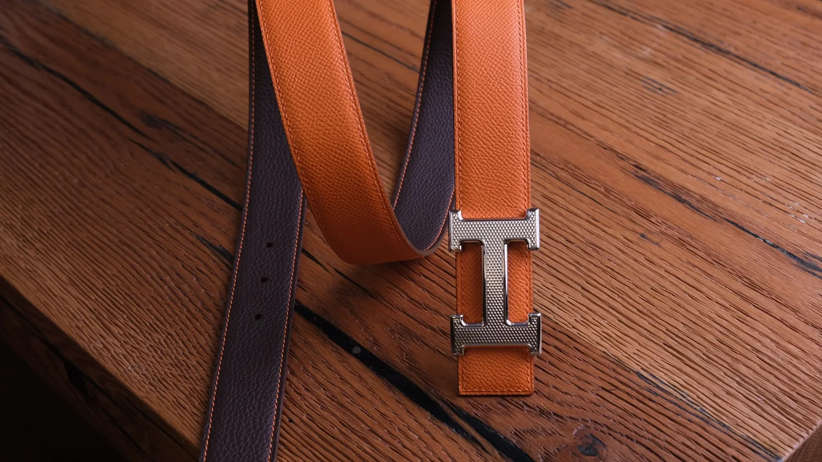Ảnh Studio Dây thắt lưng da Epsom phối Togo hai mặt màu cam nâu - Koi Leather