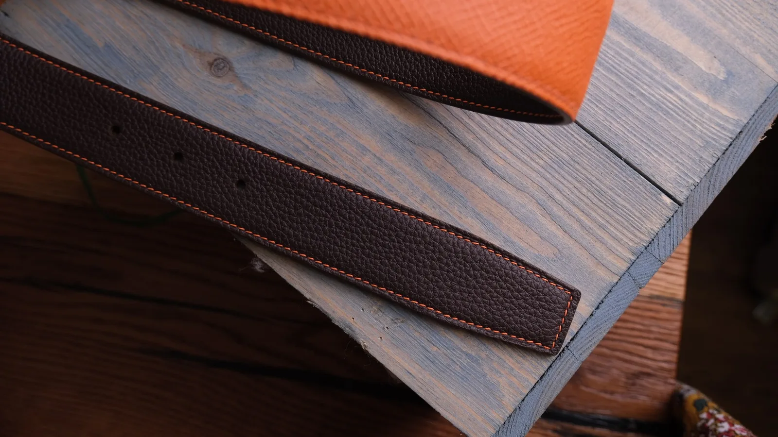 Ảnh Studio Dây thắt lưng da Epsom phối Togo hai mặt màu cam nâu - Koi Leather
