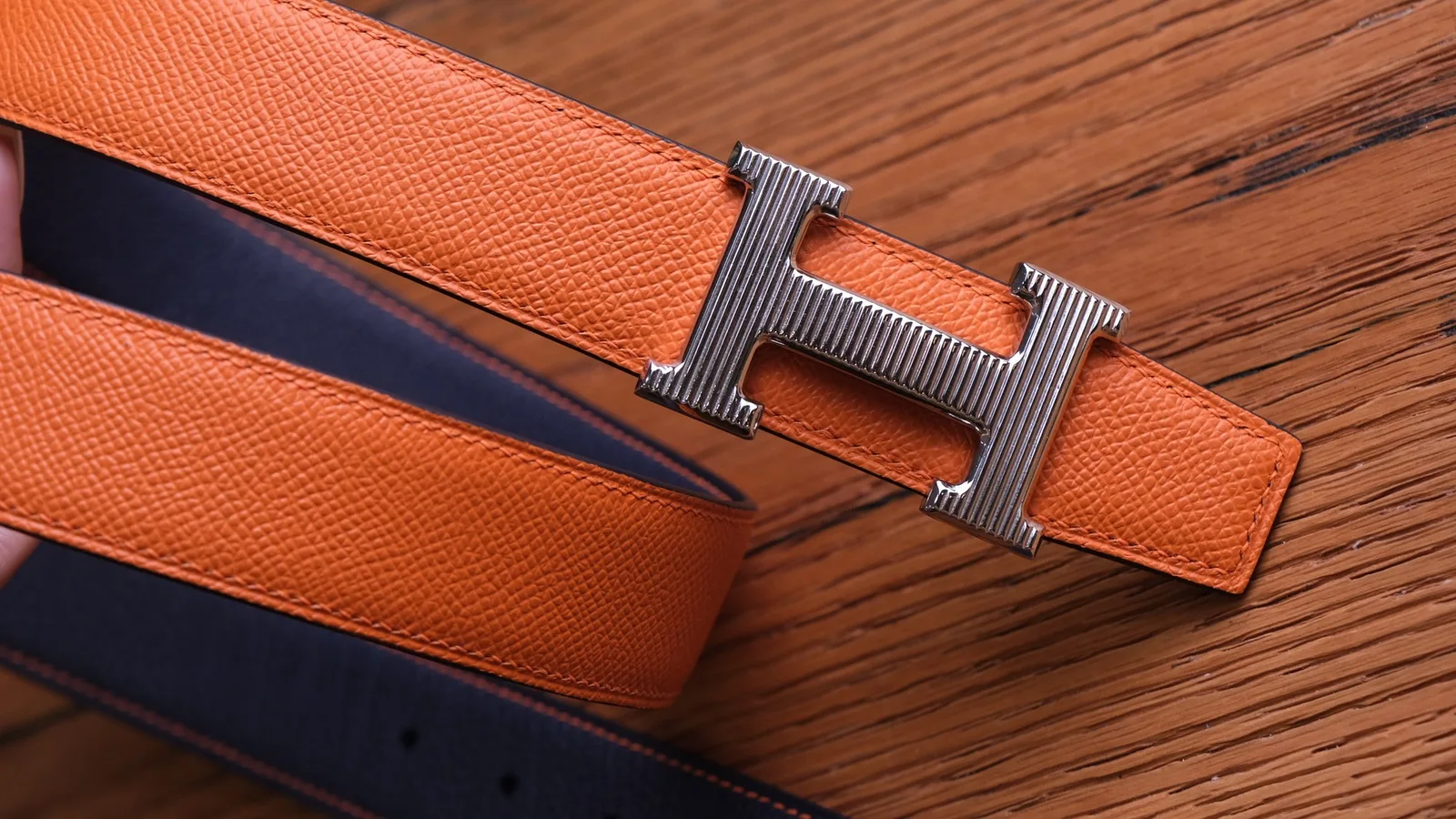 Ảnh Studio Dây thắt lưng da Epsom phối Togo hai mặt màu cam nâu - Koi Leather
