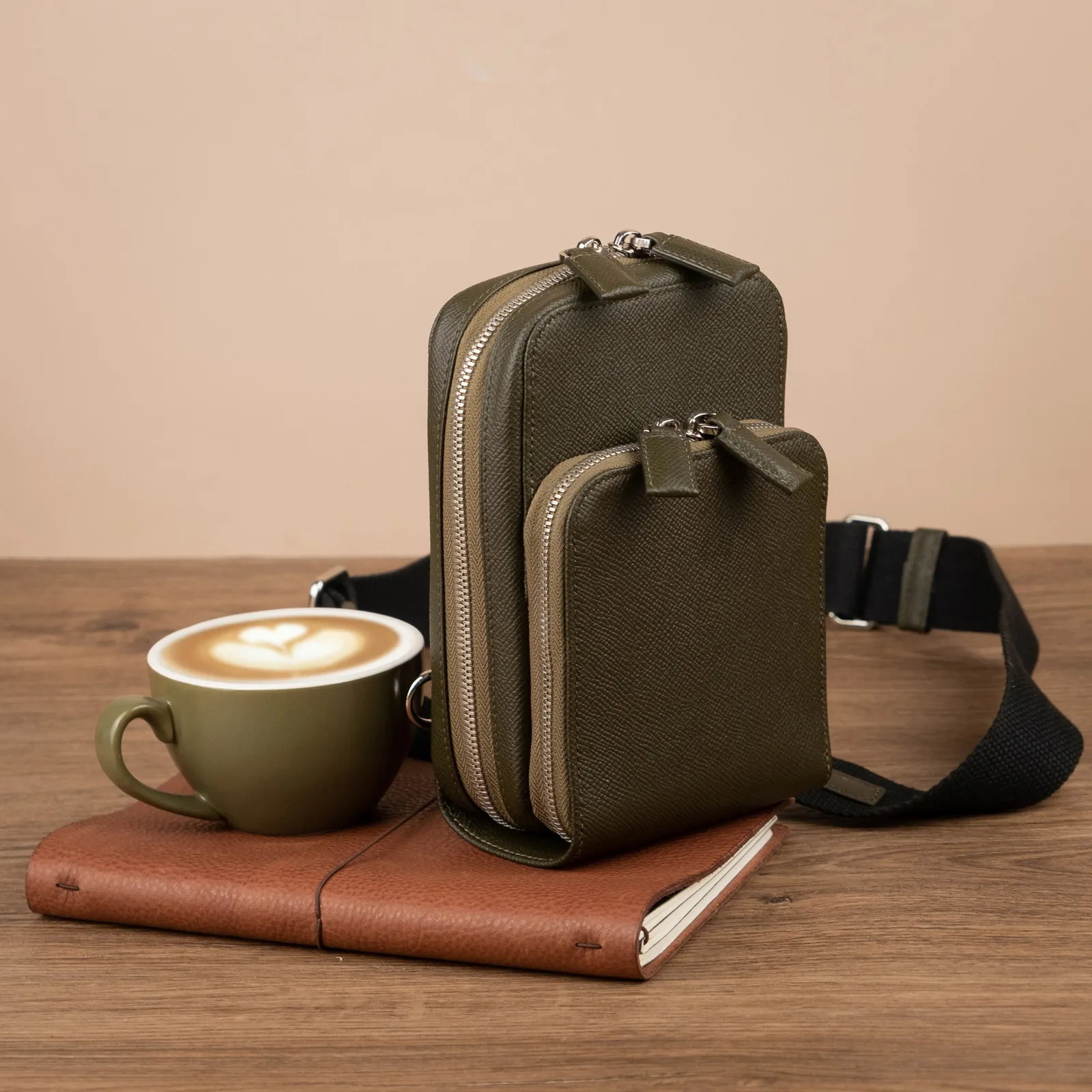 Ảnh Lifestyle Túi đeo chéo da Epsom xanh rêu dáng đứng 2 ngăn - Koi Leather