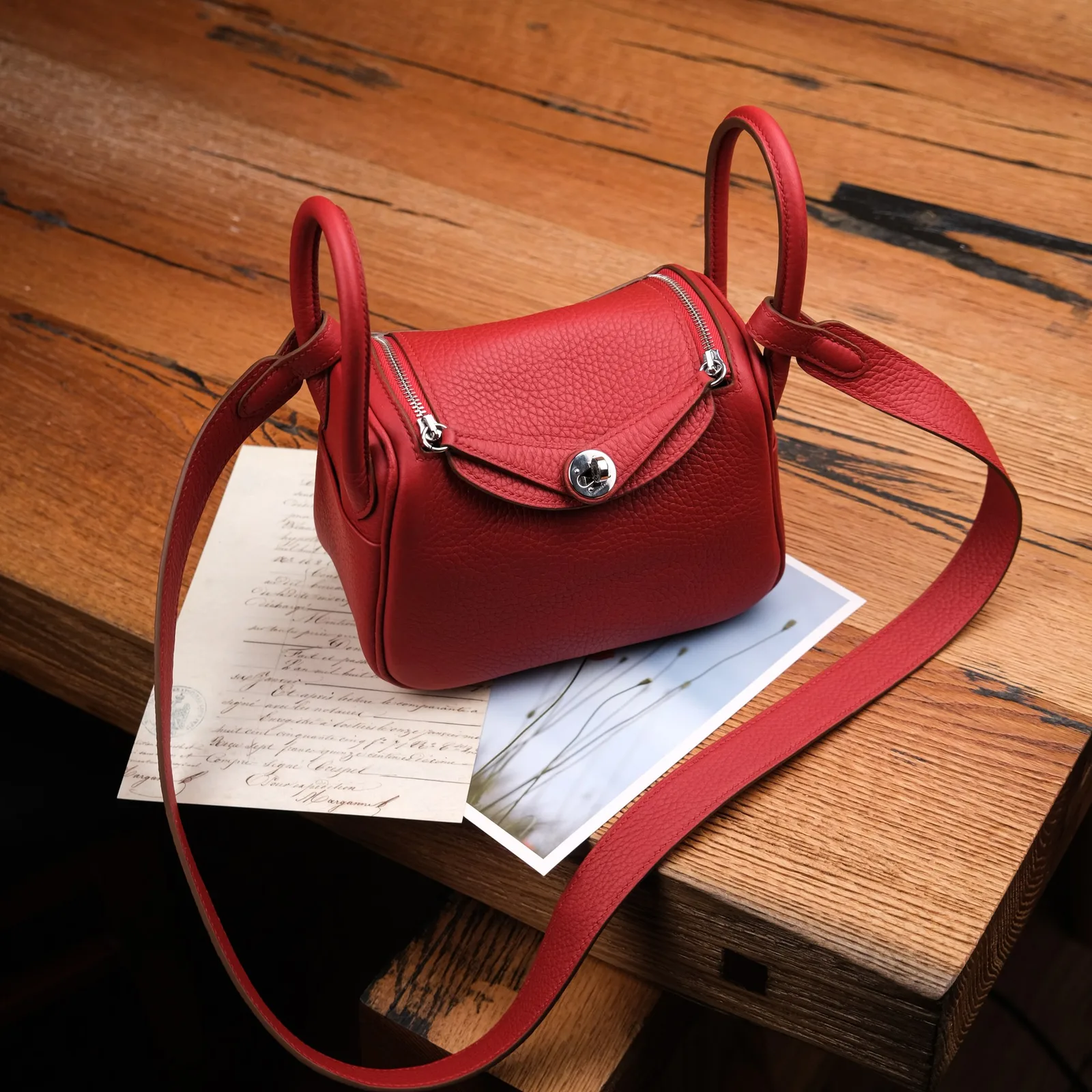 Ảnh Studio Túi xách nữ da Clemence dáng hộp quai đôi màu đỏ - Koi Leather