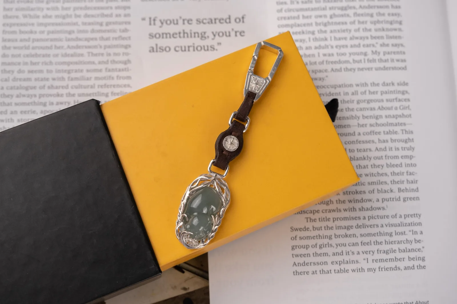 Ảnh Lifestyle Charm móc treo da nâu phối chi tiết bạc và mặt ngọc - Koi Leather
