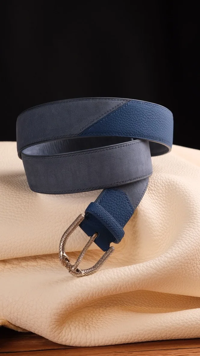 Ảnh Studio Dây lưng da Nubuck phối da bò hạt xanh navy khoá Ouroboros - Koi Leather