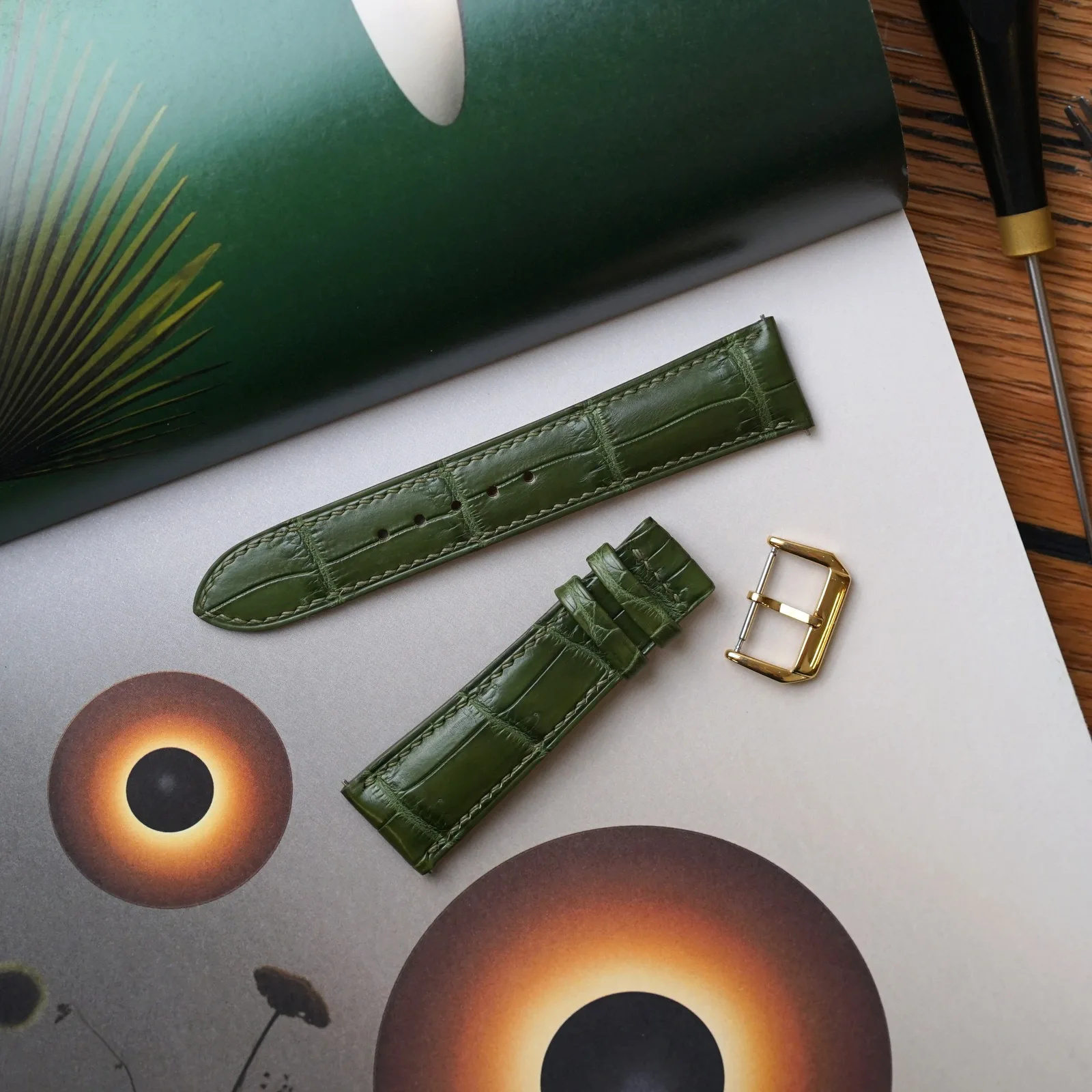 Ảnh Lifestyle Dây đồng hồ da cá sấu màu xanh olive - Koi Leather