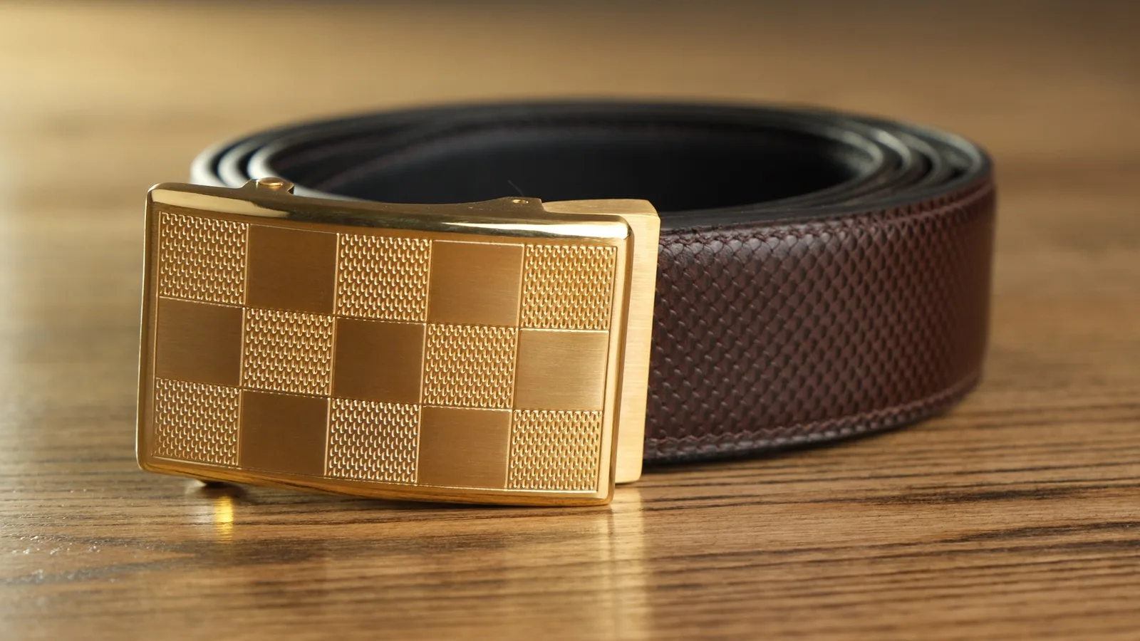 Ảnh Studio Dây lưng da bò vân rắn màu nâu khóa ray mặt caro - Koi Leather