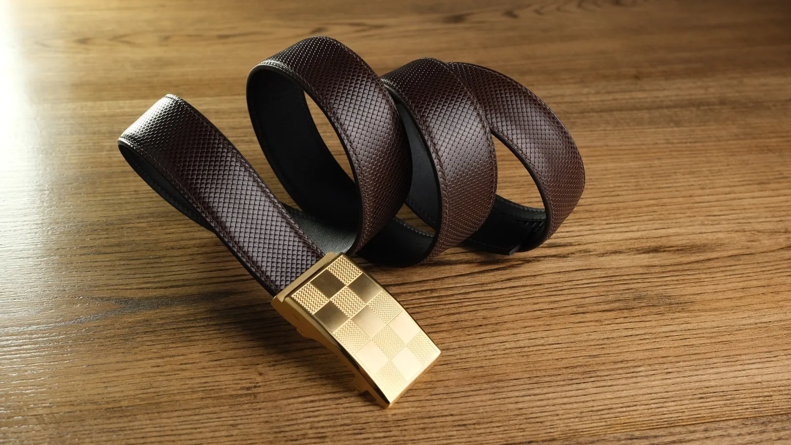 Ảnh Studio Dây lưng da bò vân rắn màu nâu khóa ray mặt caro - Koi Leather