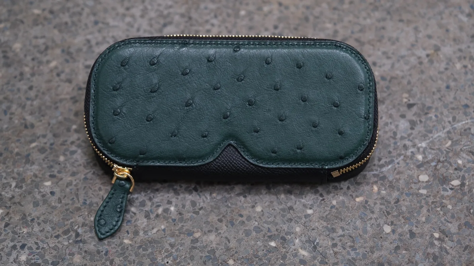 Ảnh Studio Hộp đựng kính da đà điểu màu xanh lá khóa zip - Koi Leather