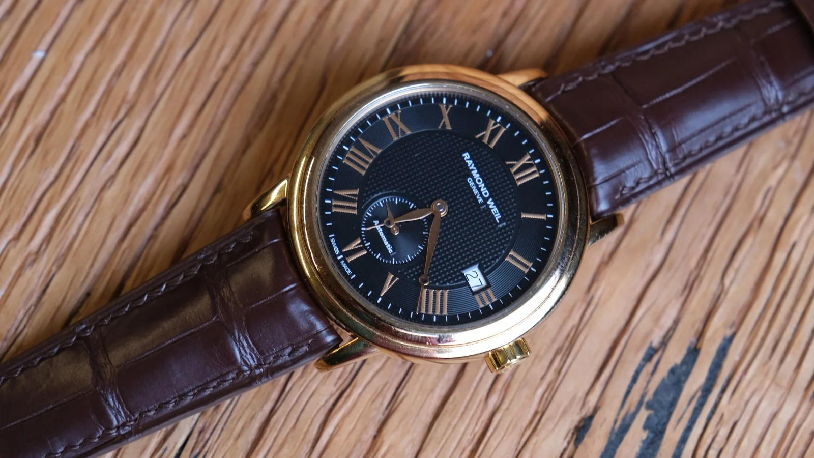 Ảnh Studio Dây đồng hồ da cá sấu cho Raymond Weil màu nâu đậm - Koi Leather
