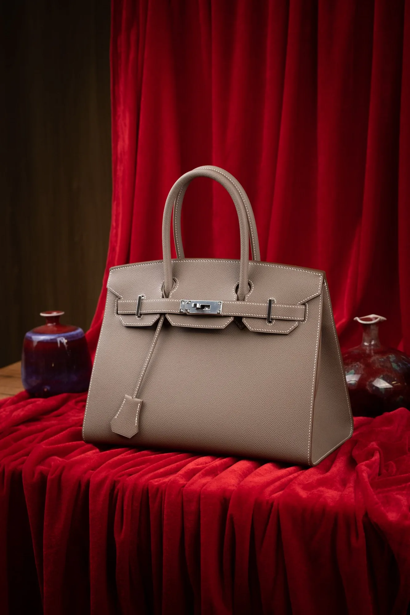 Ảnh Studio Túi xách da Epsom dáng hộp quai đôi 30cm màu Etoupe - Koi Leather