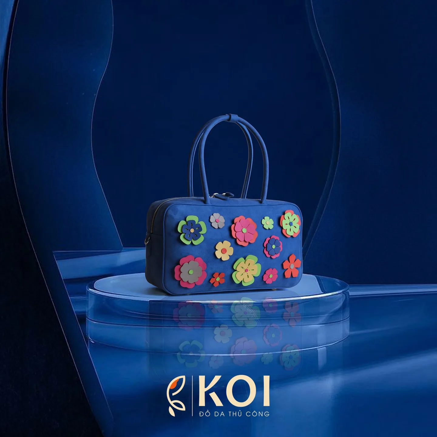 Ảnh Studio Túi MOIS Bag da bò mộng Taurillon xanh đính hoa - Size 31x17x11cm - Koi Leather