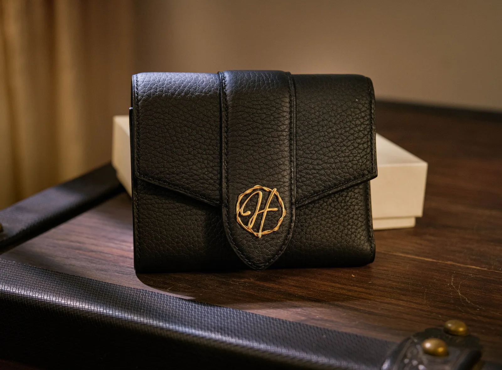 Ảnh Studio Ví gập ba da Togo màu đen phối nắp cài - Koi Leather