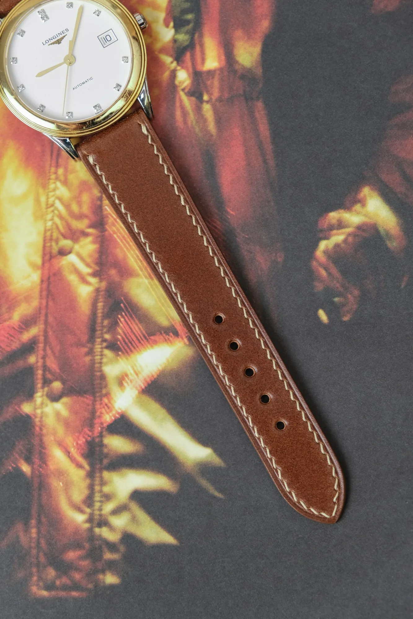 Ảnh Lifestyle Dây đồng hồ da bò cho Longines màu nâu - Koi Leather