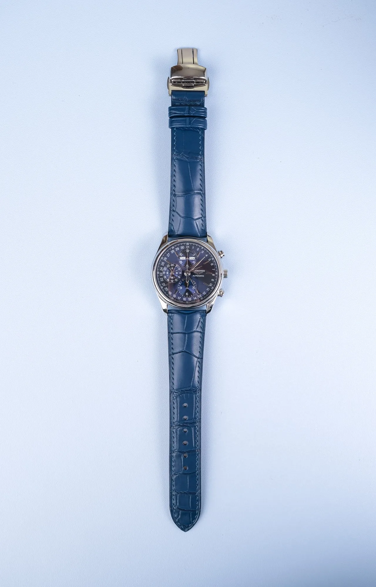 Ảnh Studio Dây đồng hồ da cá sấu cho Longines màu xanh dương - Koi Leather
