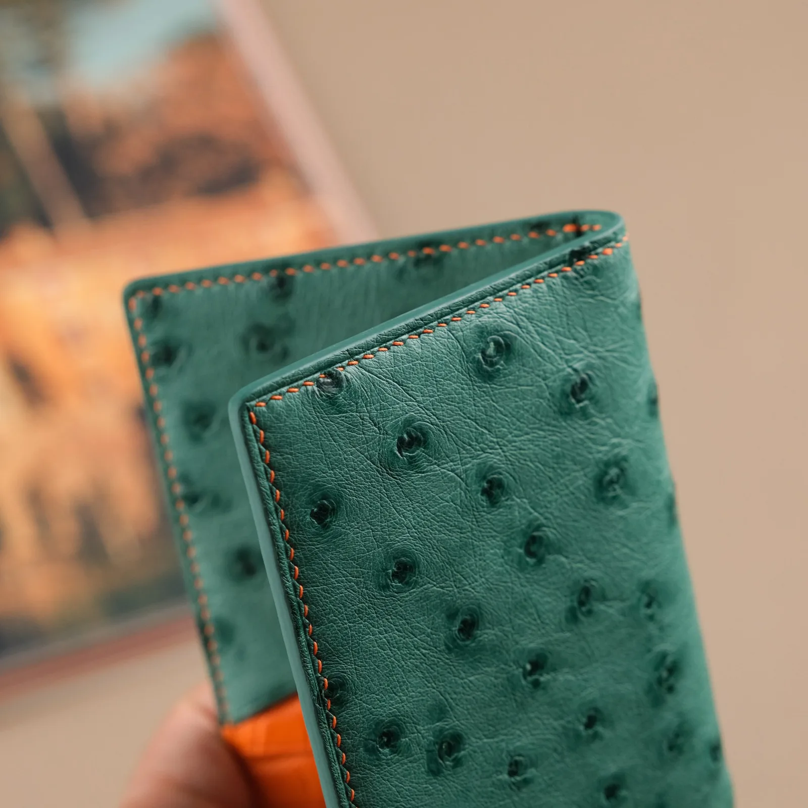 Ảnh Studio Ví đựng thẻ gập đôi da đà điểu phối cá sấu xanh lá và cam - Koi Leather