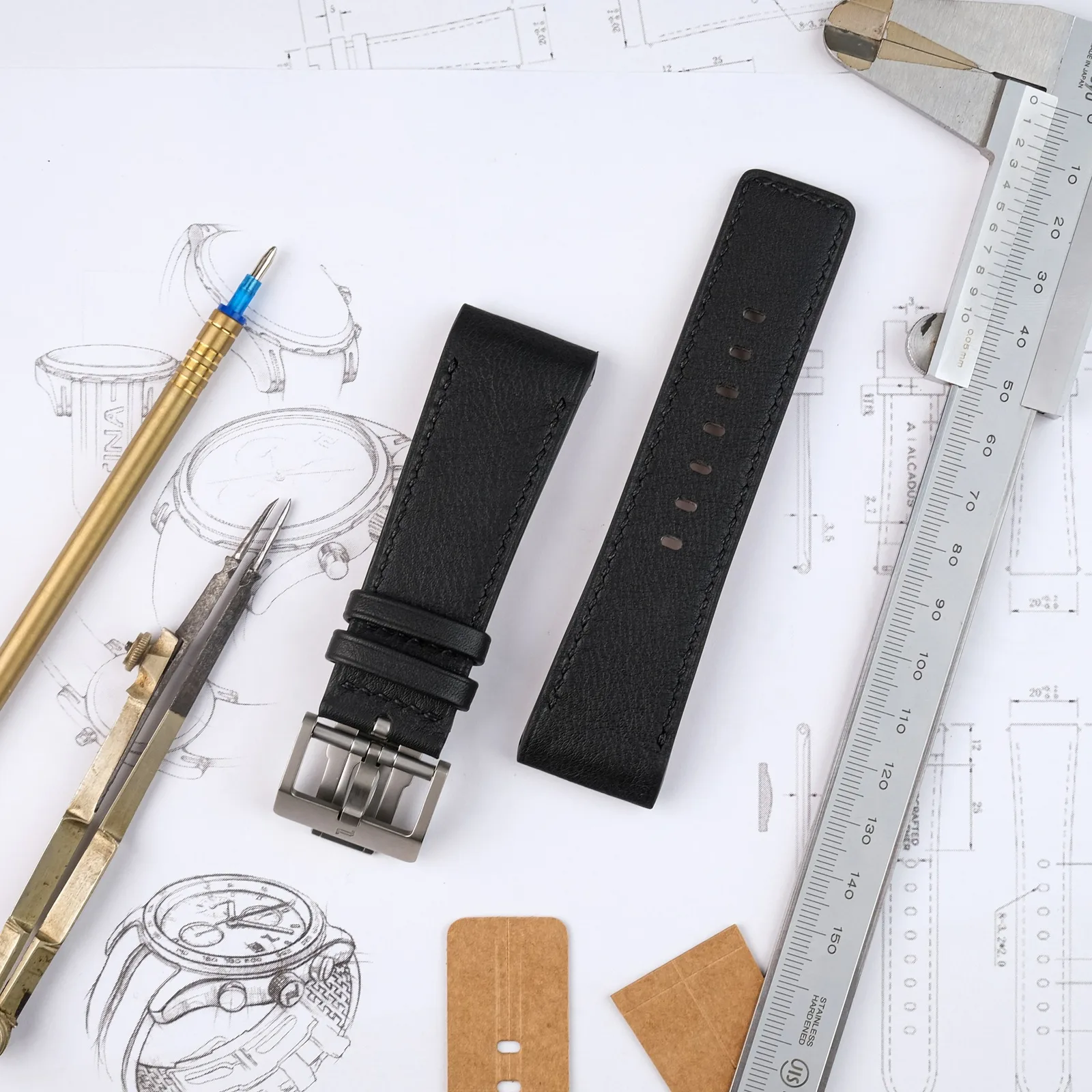 Ảnh Studio Dây đồng hồ da bò cho Porsche Design màu đen - Koi Leather