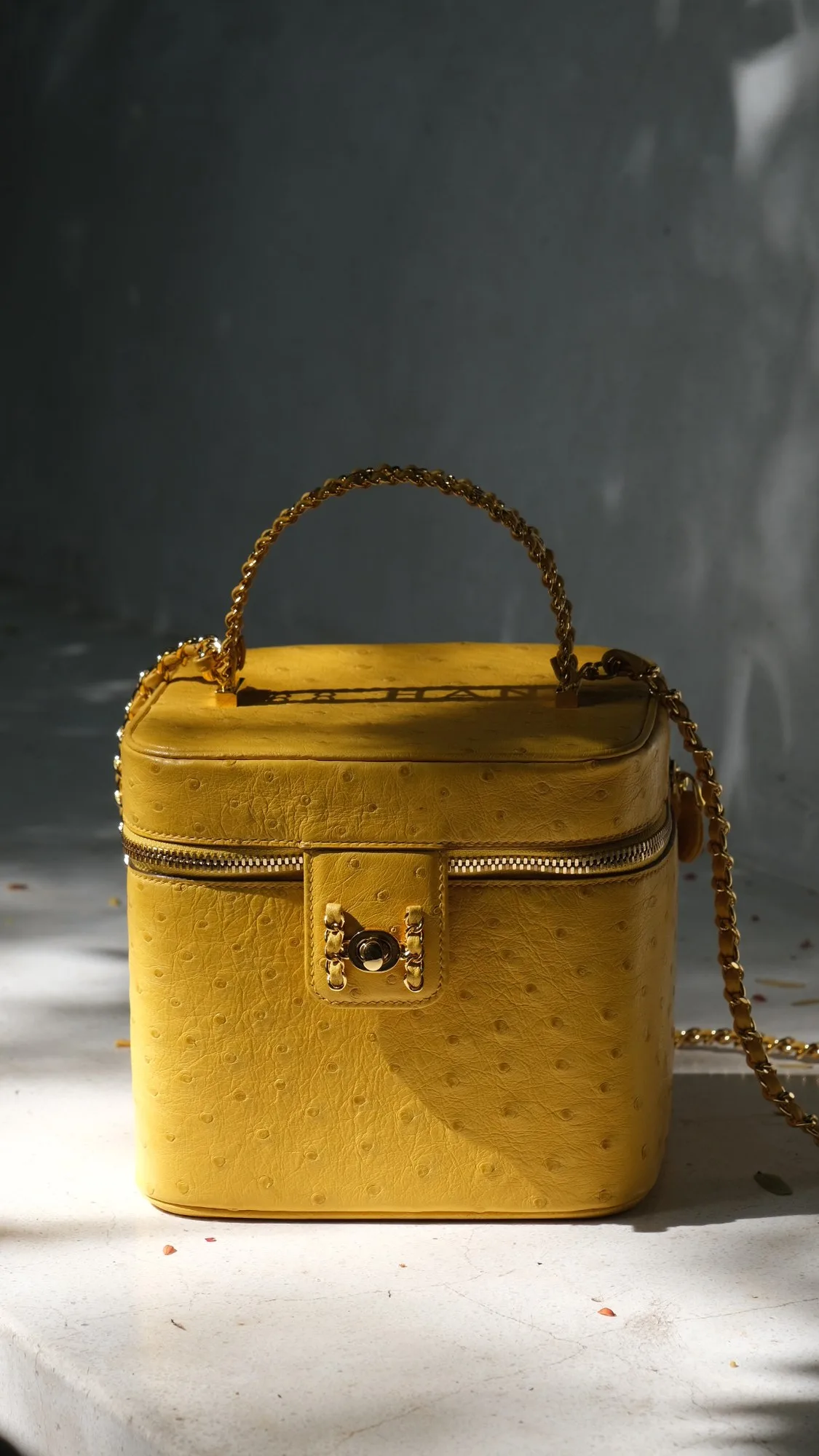 Ảnh Lifestyle Túi dáng hộp da đà điểu màu vàng quai kim loại phối xích - Koi Leather