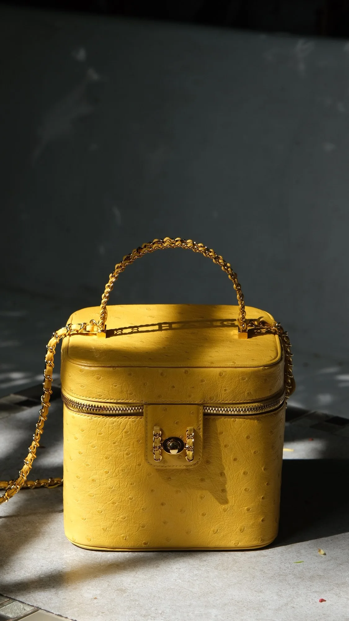 Ảnh Lifestyle Túi dáng hộp da đà điểu màu vàng quai kim loại phối xích - Koi Leather