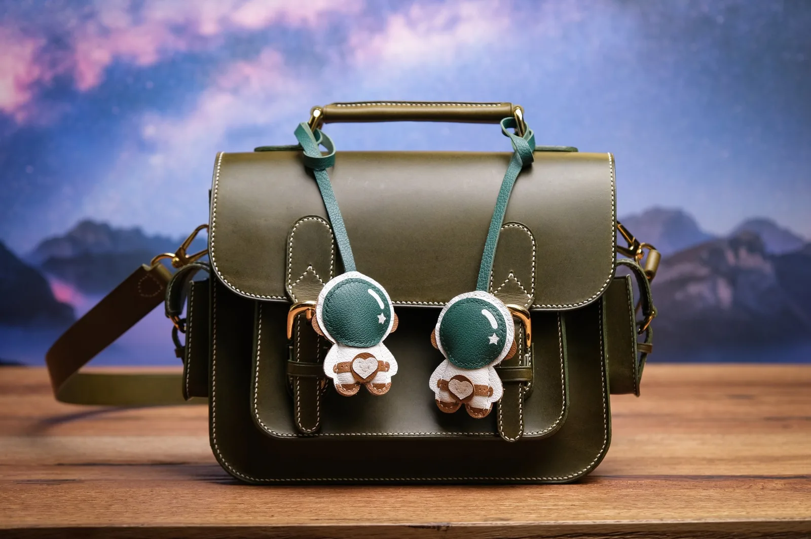 Ảnh Lifestyle Charm đeo túi da bò hình phi hành gia phối màu xanh trắng - Koi Leather