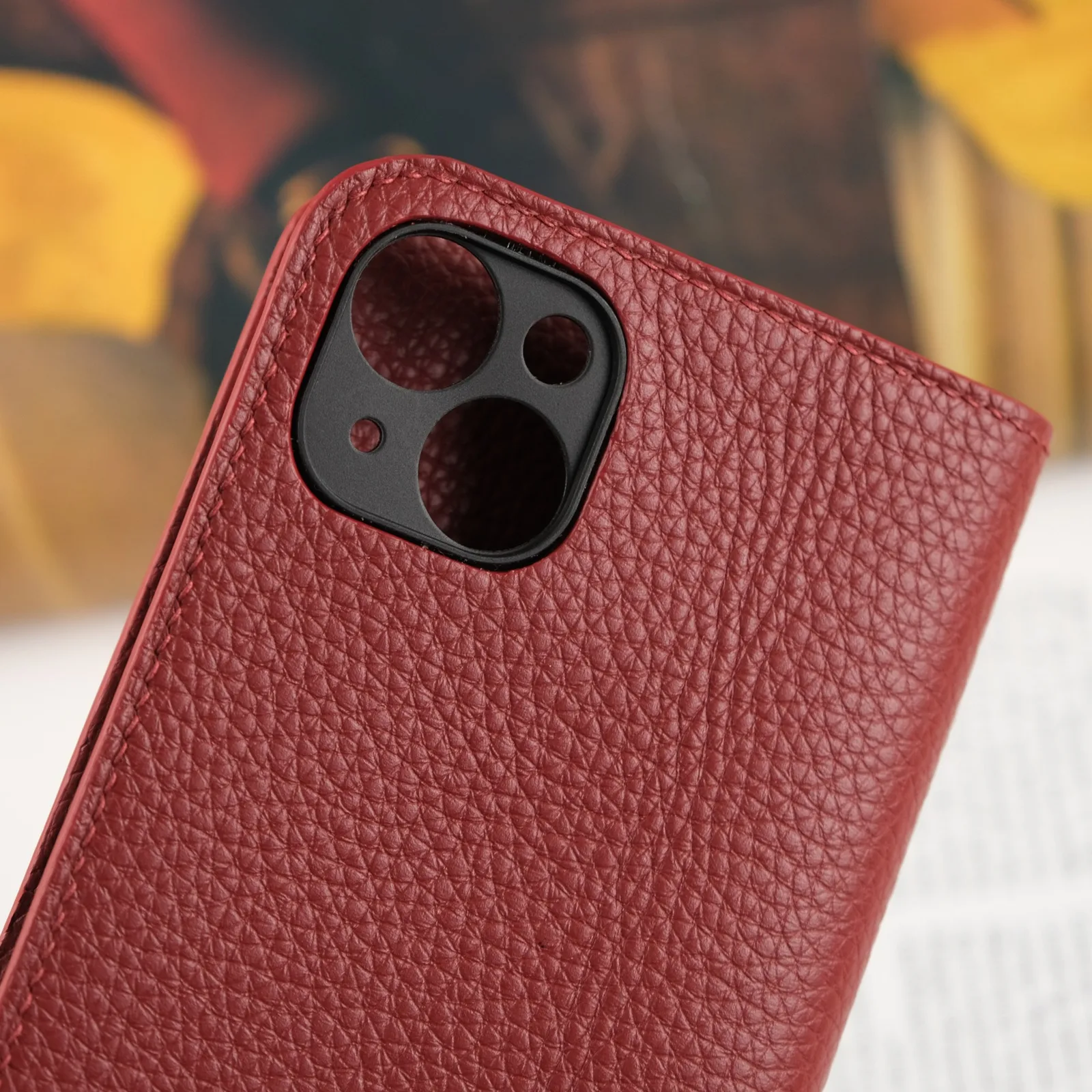 Ảnh Studio Bao da điện thoại nắp gập da bò vân hạt màu đỏ - Koi Leather