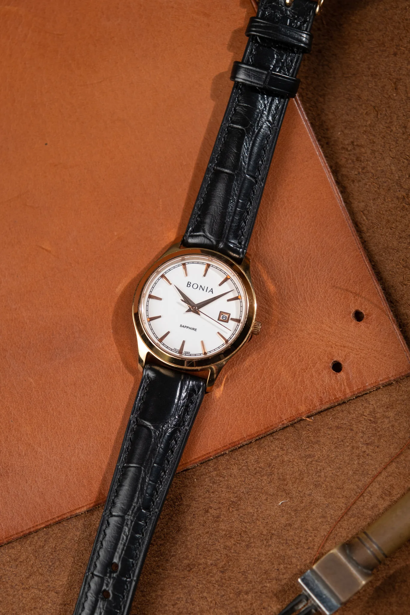 Dây Da Đồng Hồ Bonia - Da Cá Sấu - Black - KOI Leather
