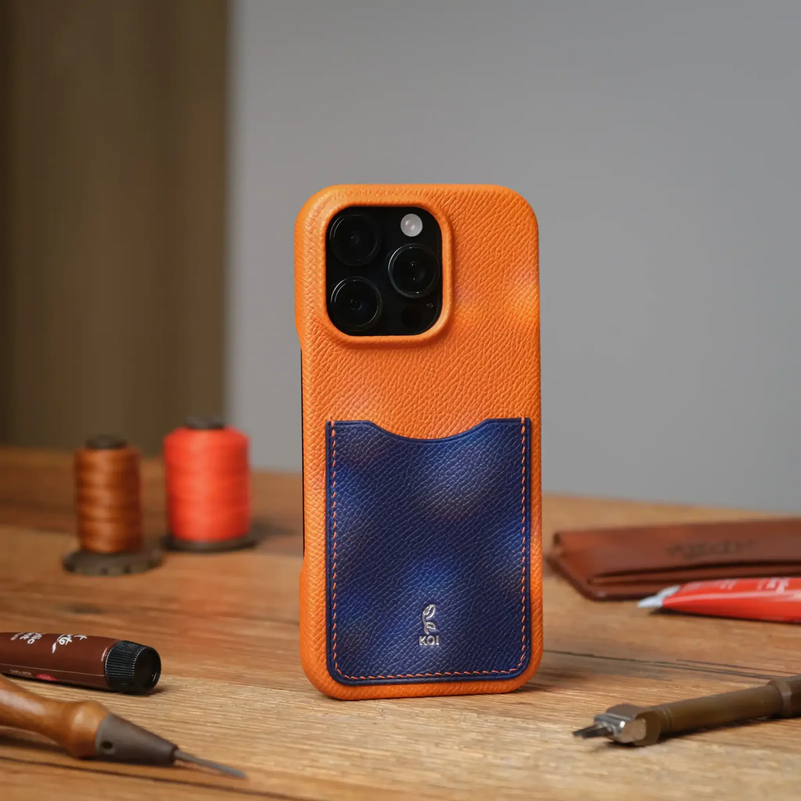 Phonecase ỐP Lưng IPhone 16Pro - Da Espom - Orange x Blue - Hình 3