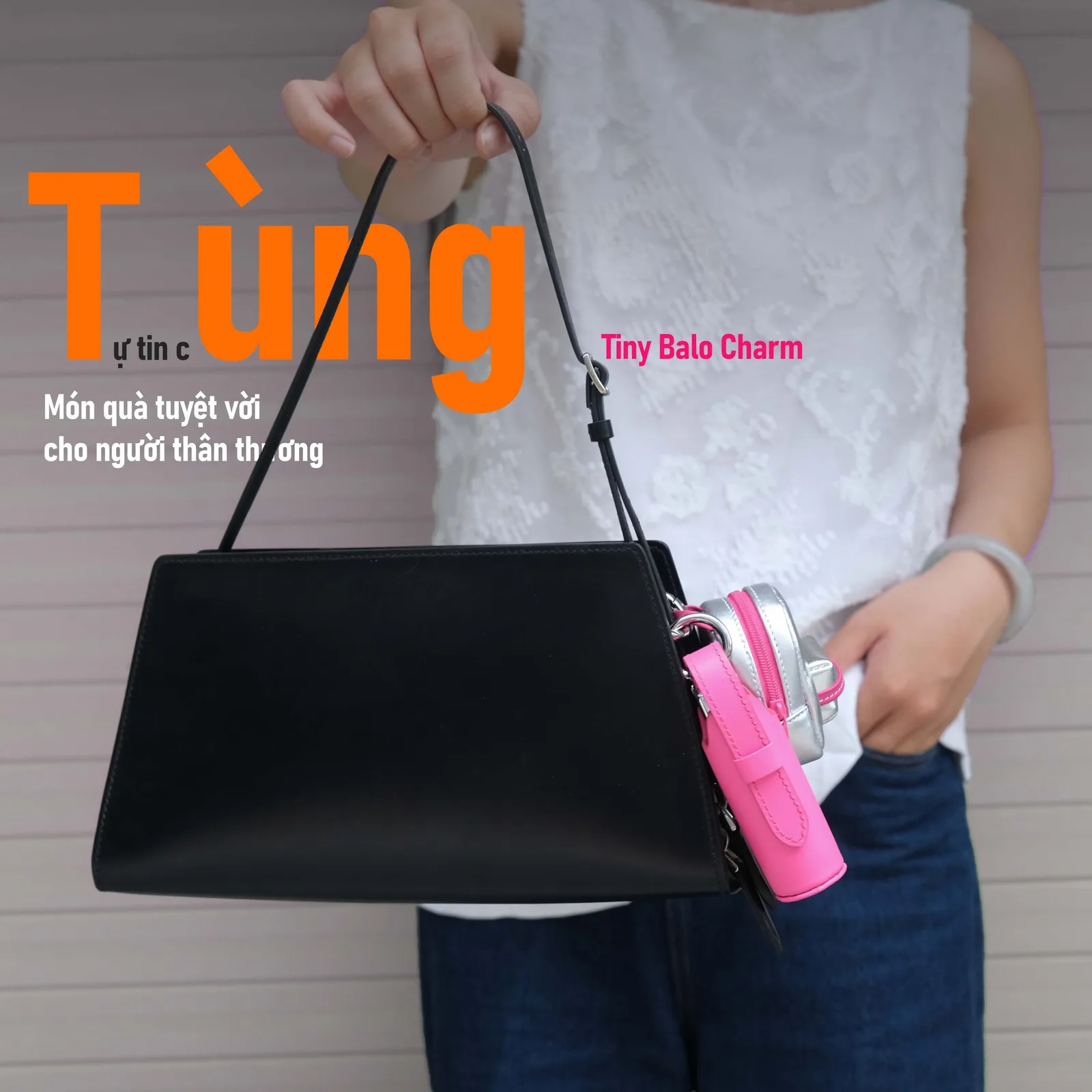 Ảnh Lifestyle Charm đeo túi dáng balo mini da bò ánh bạc - Koi Leather