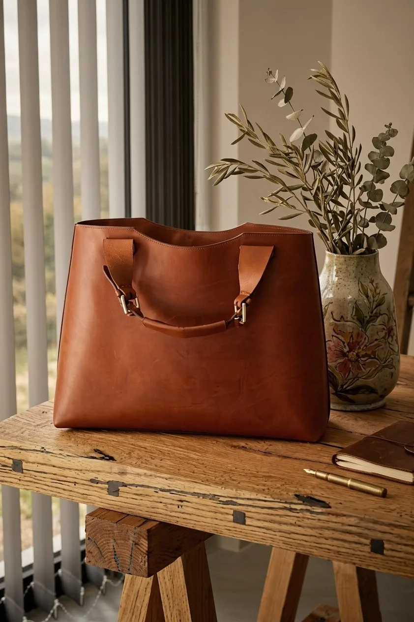 Ảnh Studio Túi tote da bò màu nâu quai khóa cài - Koi Leather