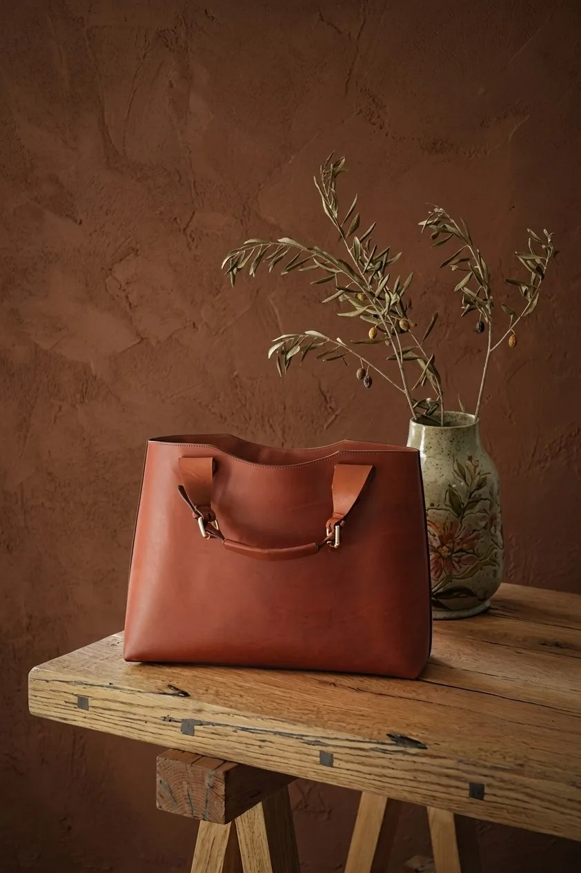 Ảnh Studio Túi tote da bò màu nâu quai khóa cài - Koi Leather