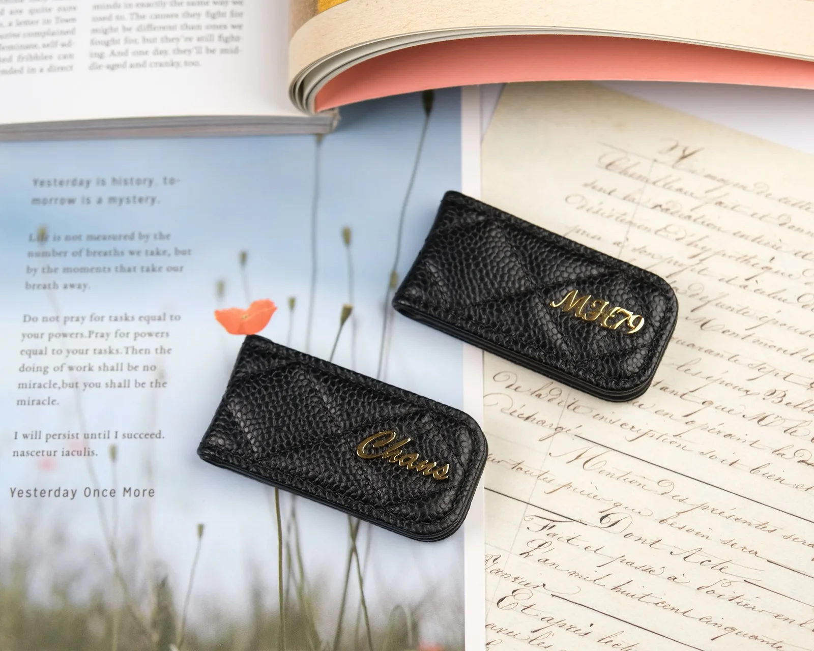 Ảnh Lifestyle Kẹp tiền nam châm da Caviar chần trám đính chữ kim loại - Koi Leather