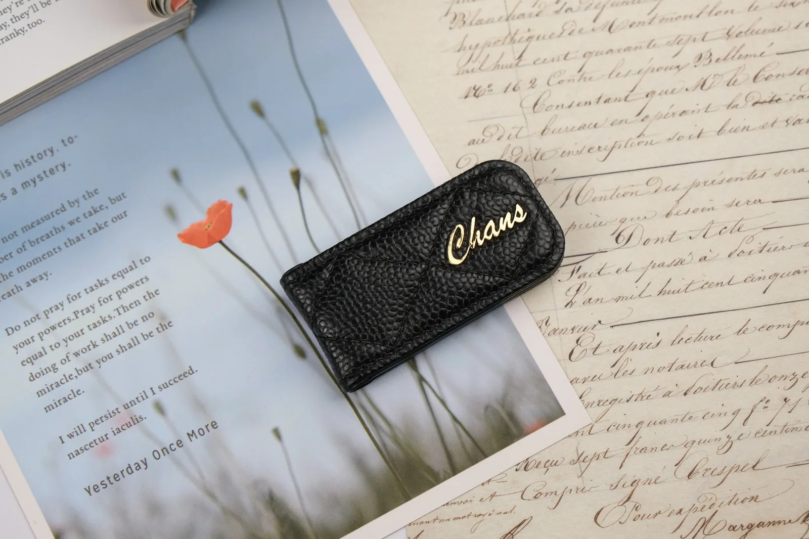 Ảnh Lifestyle Kẹp tiền nam châm da Caviar chần trám đính chữ kim loại - Koi Leather