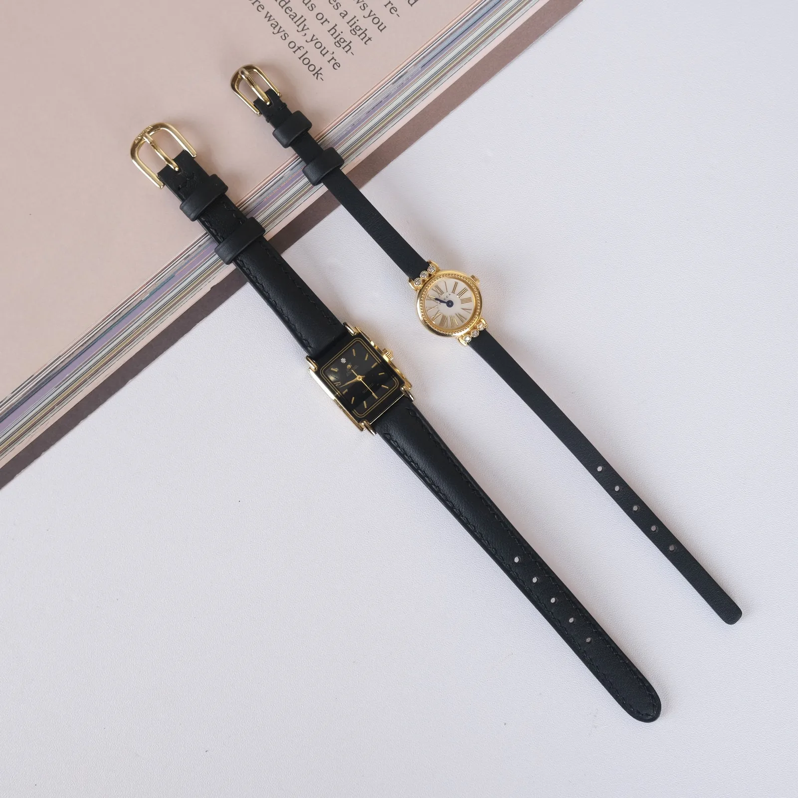 Ảnh Studio Cặp dây da đồng hồ nữ dáng thanh mảnh màu đen - Koi Leather