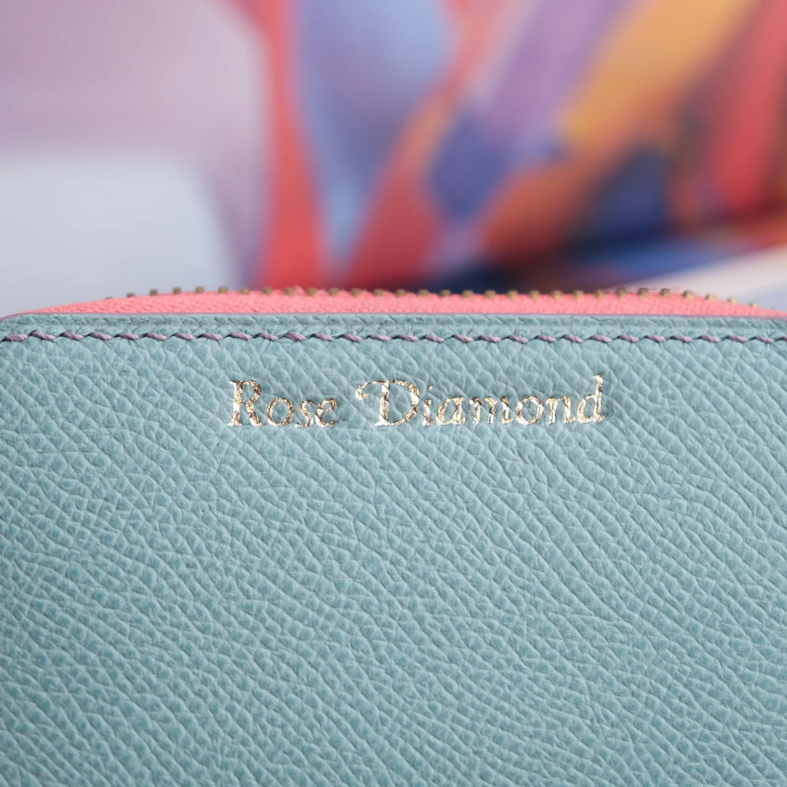 Ảnh Ví zip mini da Epsom xanh Tiffany phối khóa hồng - Koi Leather