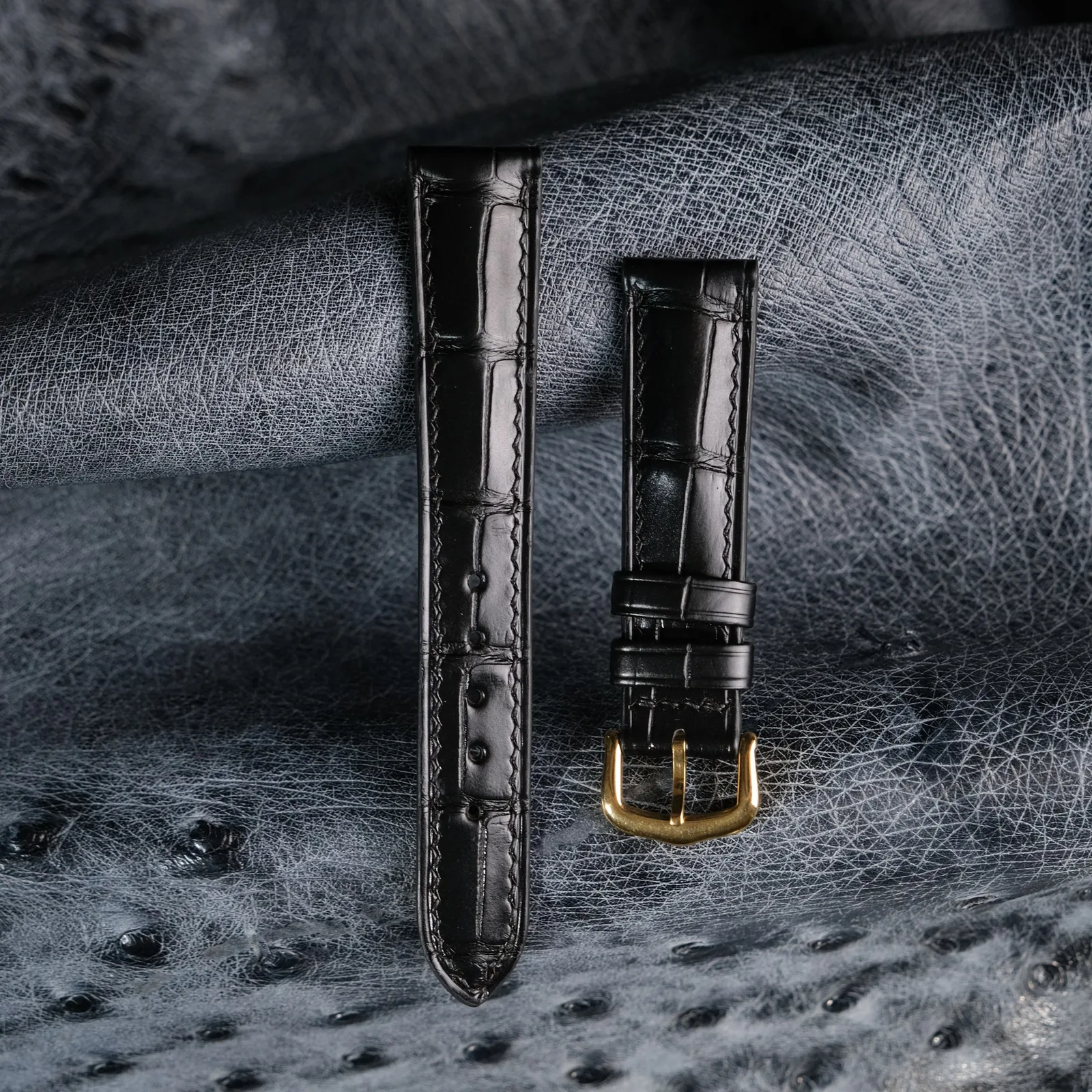 Ảnh Studio Dây đồng hồ da cá sấu màu đen đệm form khóa vàng - Koi Leather