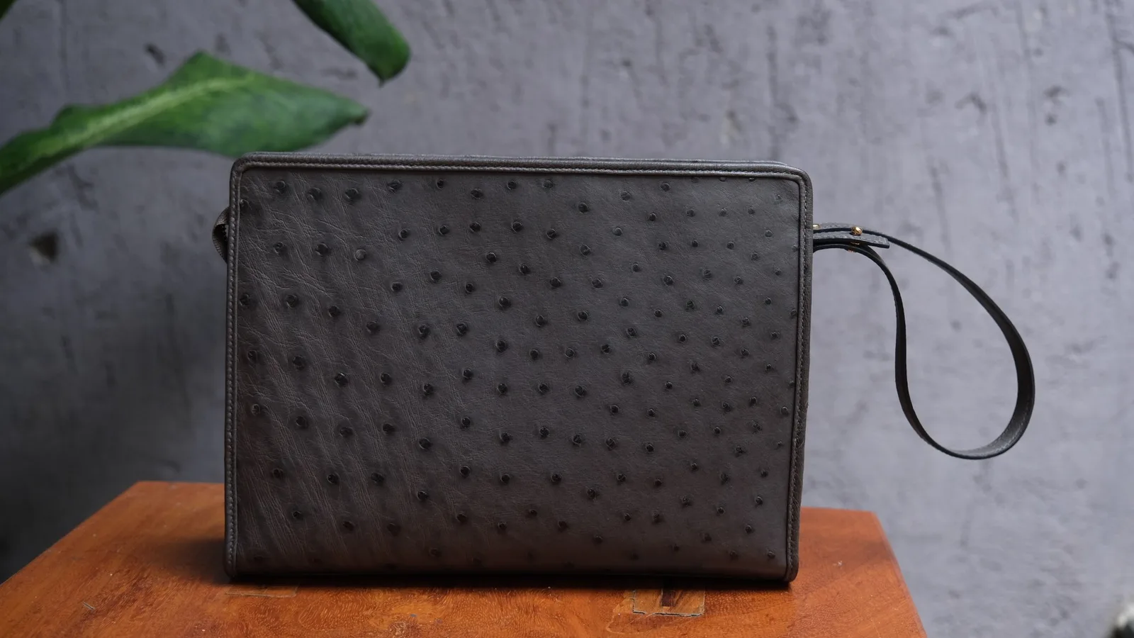 Ảnh Studio Clutch da đà điểu màu xám dáng hộp có quai đeo tay - Koi Leather