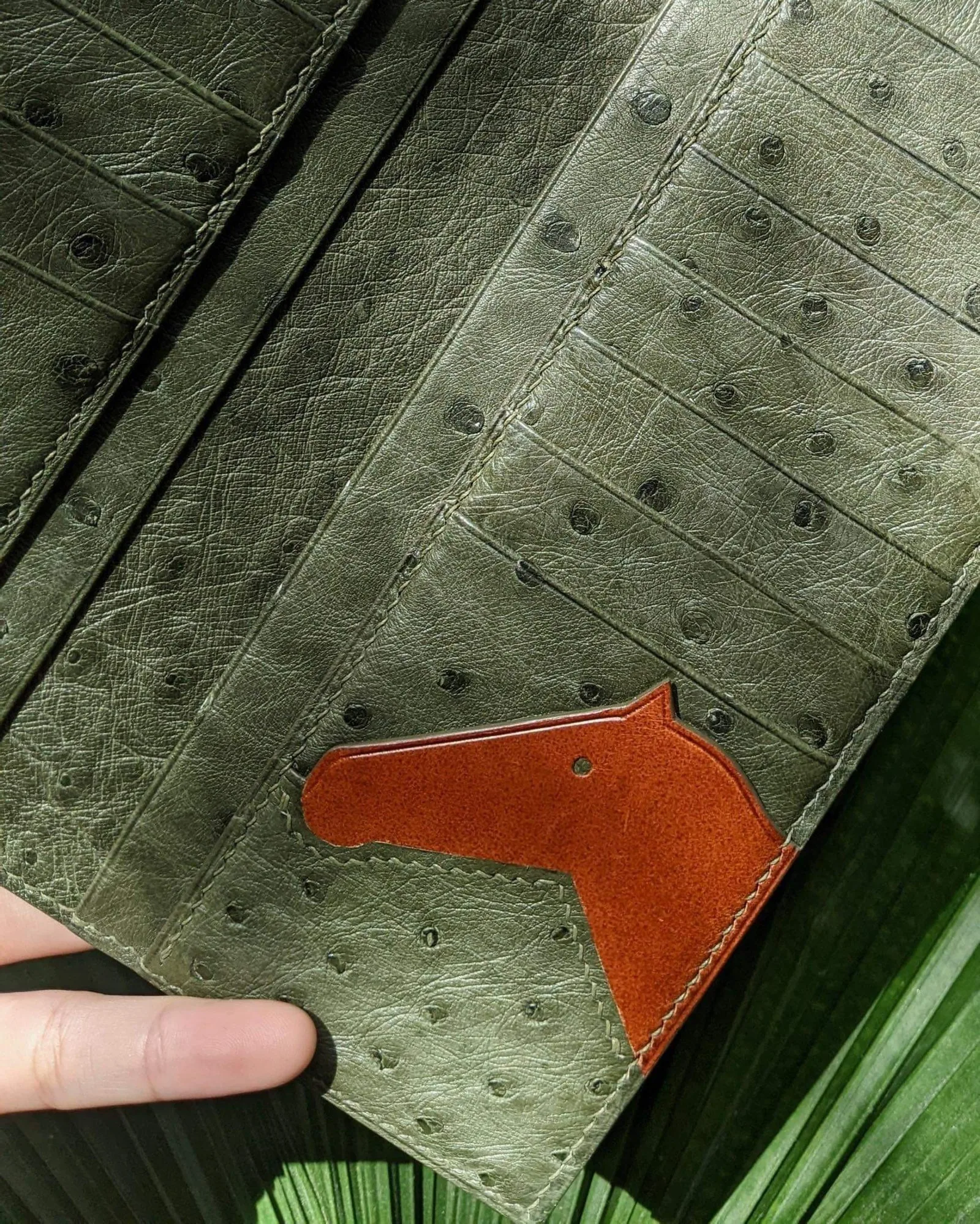 Ảnh Lifestyle Ví dài da đà điểu xanh rêu hoạ tiết đầu ngựa - Koi Leather