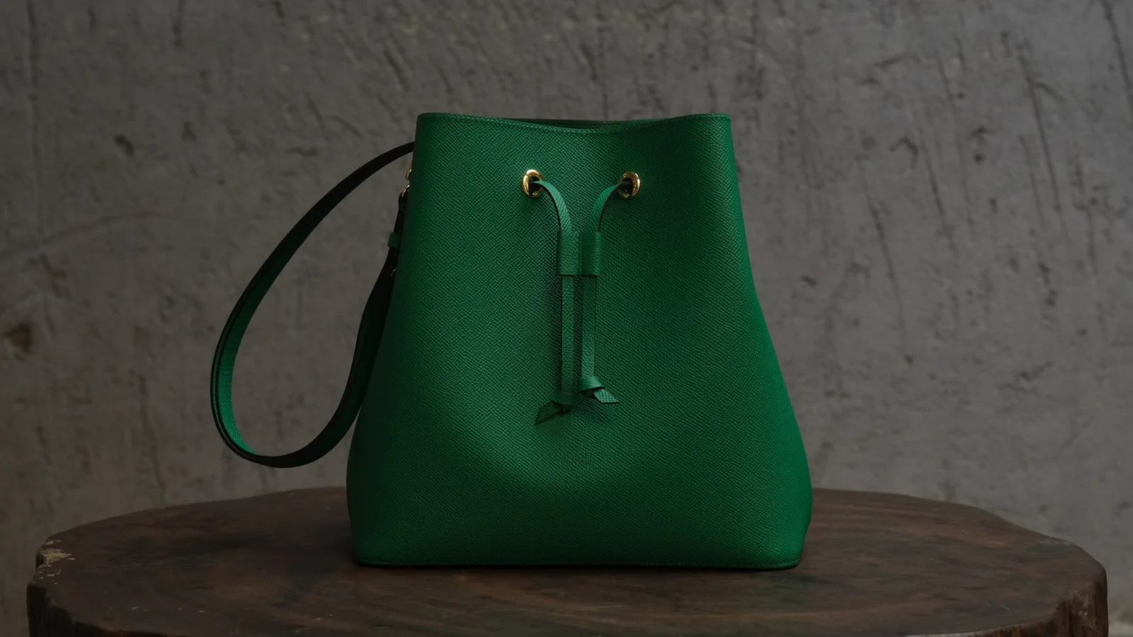 Ảnh Lifestyle Túi bucket da Epsom màu xanh lá dây rút quai đeo - Koi Leather