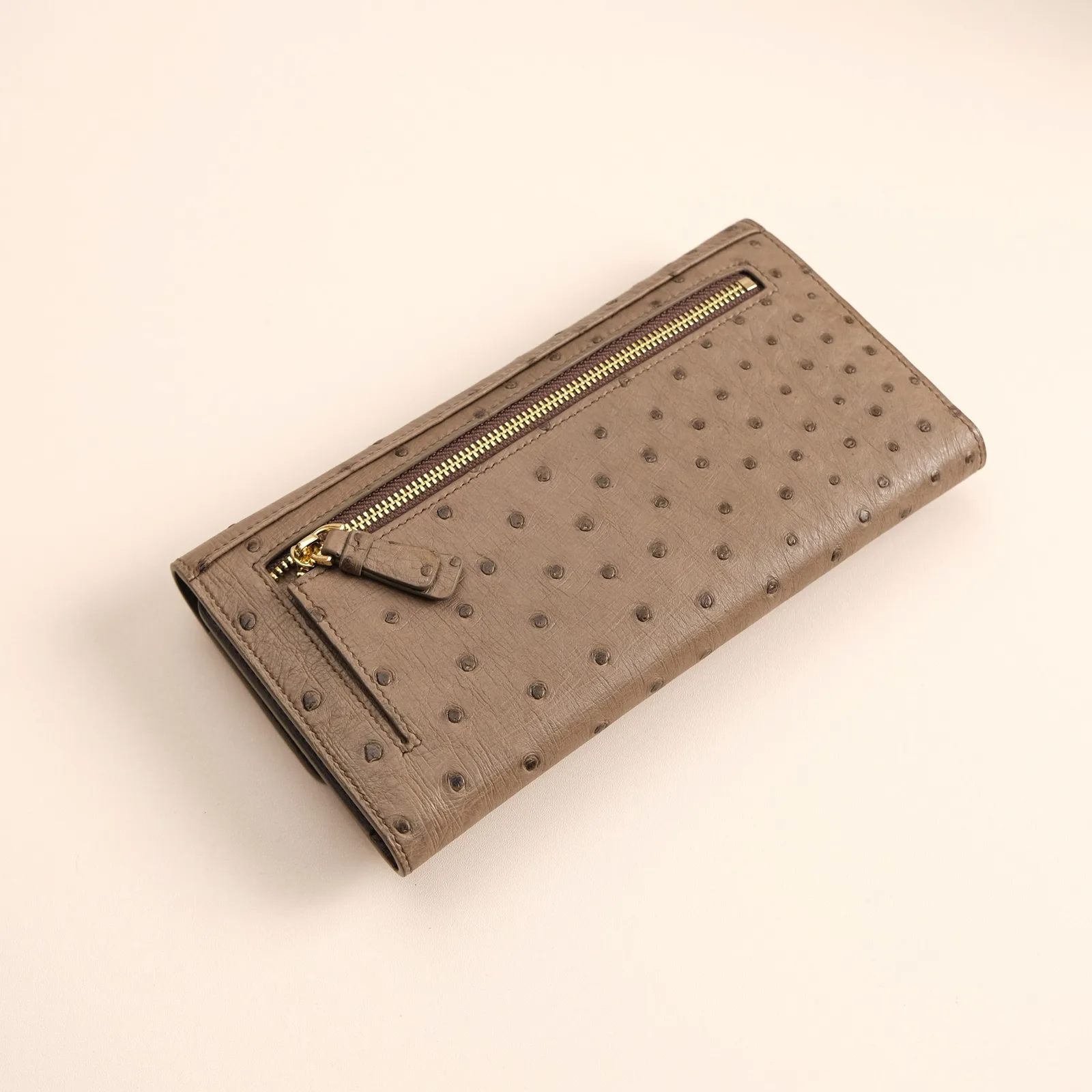 Ảnh Studio Ví dài du lịch da đà điểu màu xám taupe nắp gập - Koi Leather