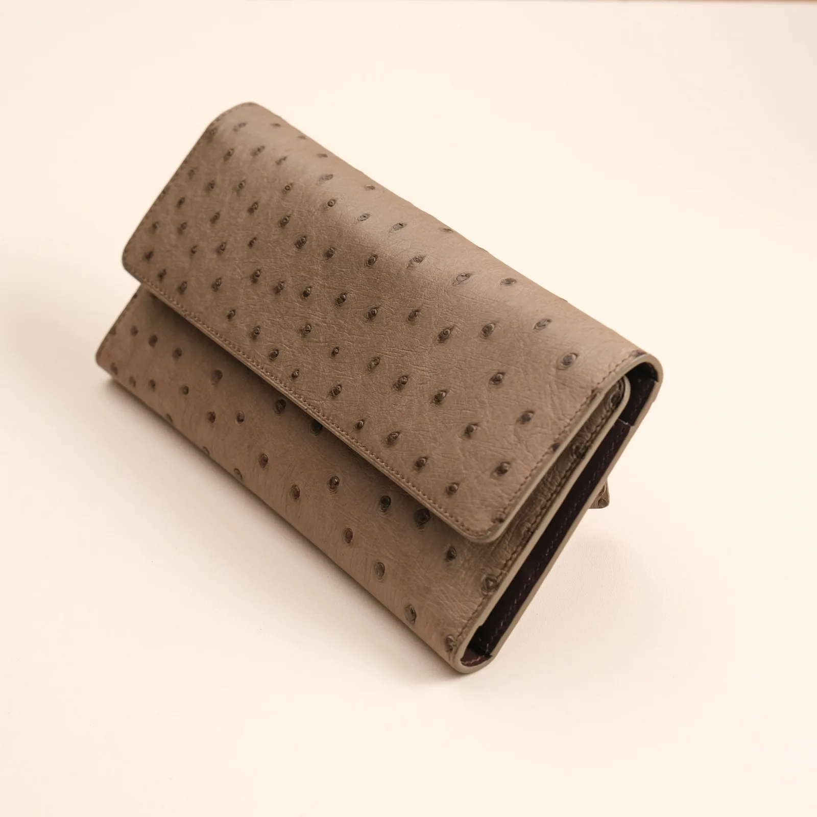 Ảnh Studio Ví dài du lịch da đà điểu màu xám taupe nắp gập - Koi Leather