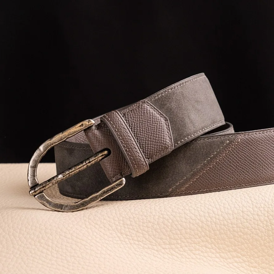 Ảnh Studio Dây lưng da Nubuck phối da Epsom màu xám - Koi Leather