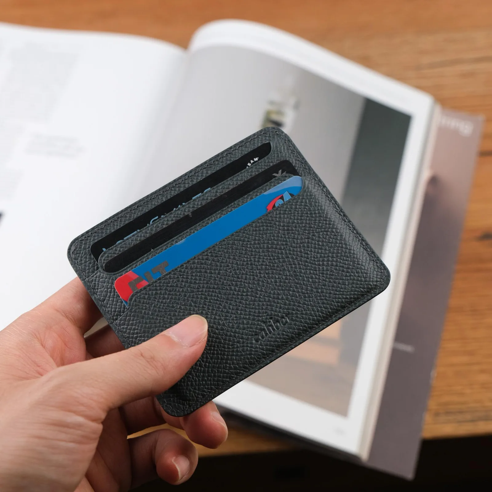 Card Holder Da Epsom Xám Xanh Kèm Kẹp Tiền Đồng