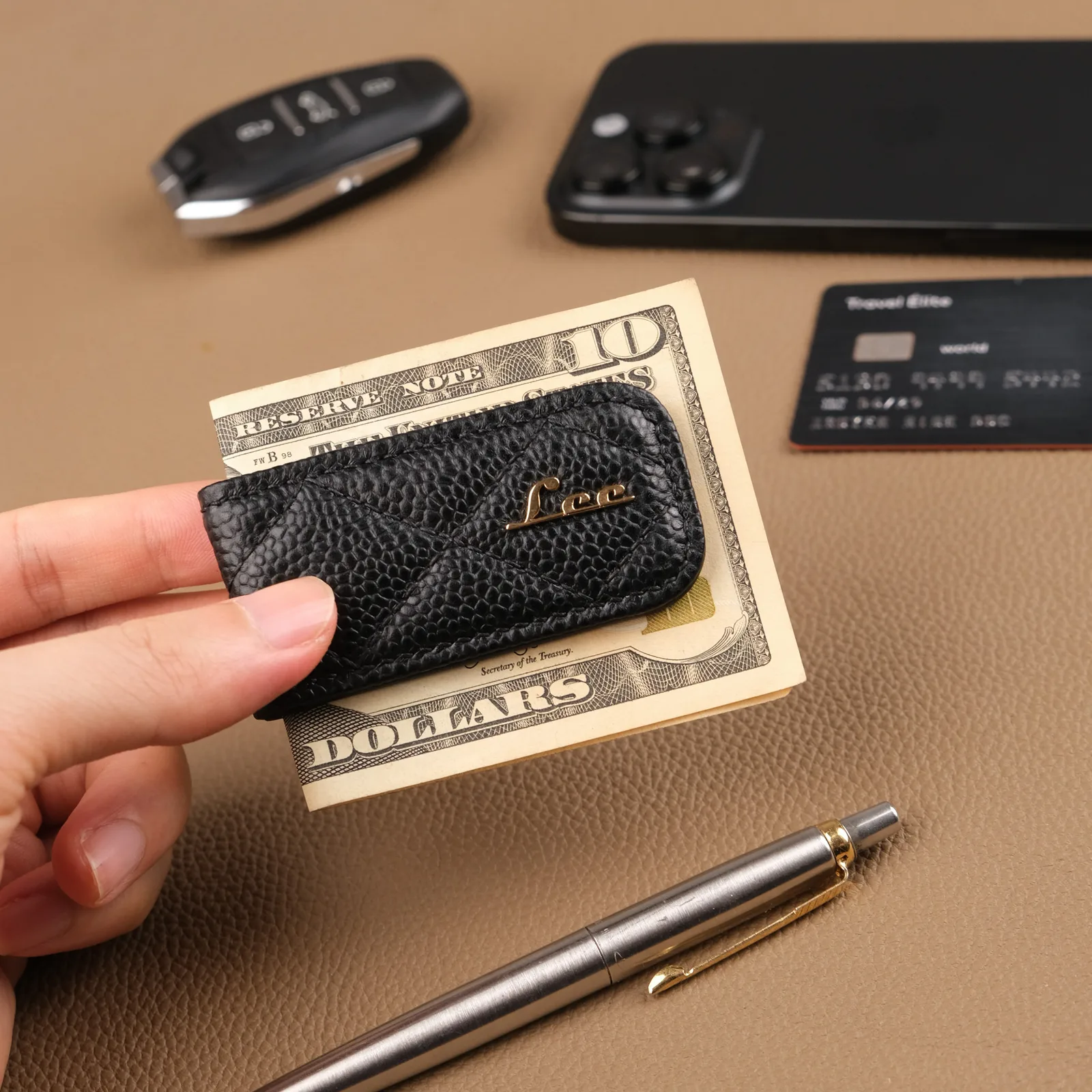 Kẹp Tiền Money Clip - Da Caviar - Black - Hình 2