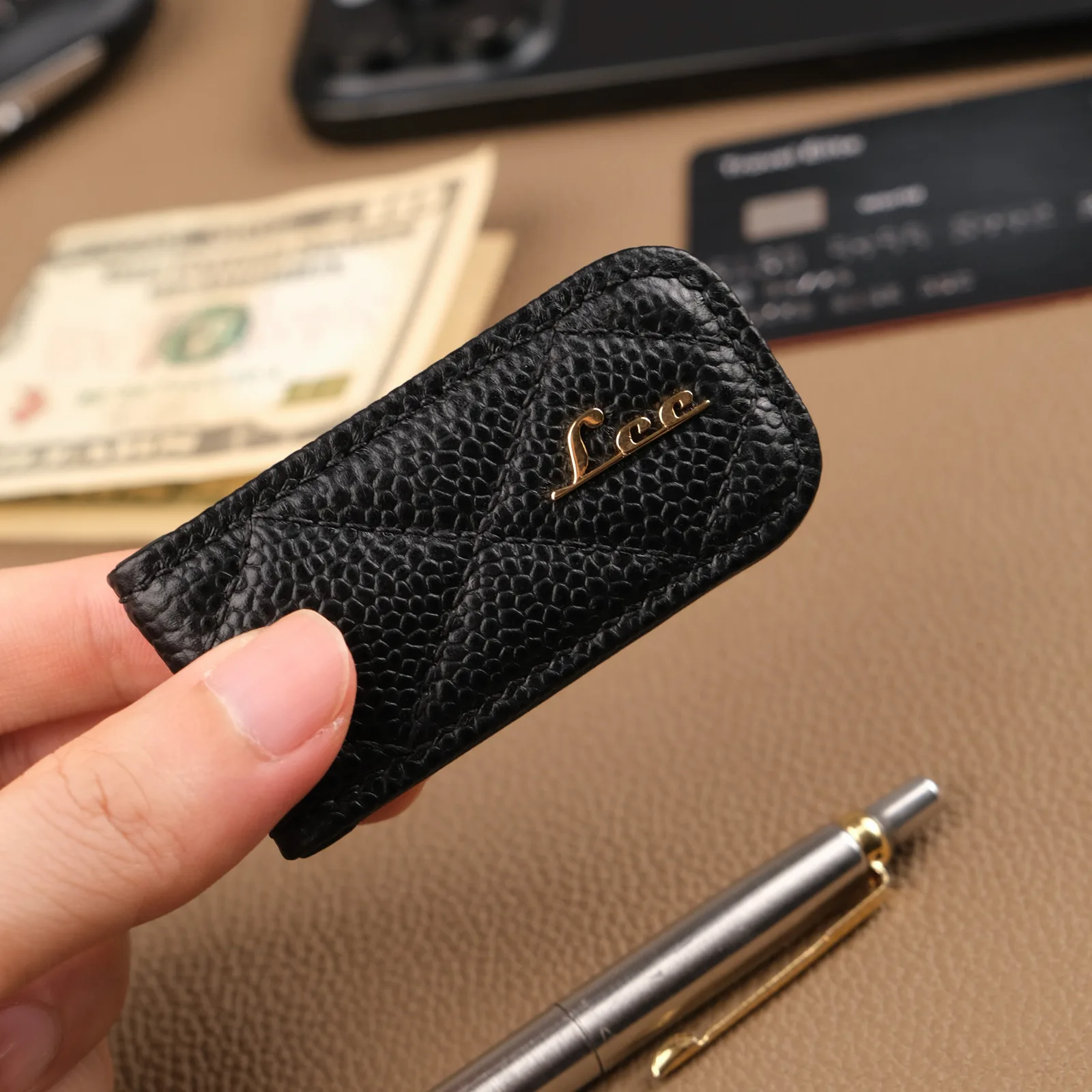 Kẹp Tiền Money Clip - Da Caviar - Black - Hình 4