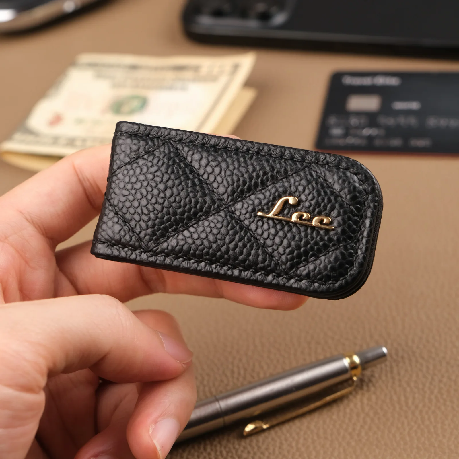 Kẹp Tiền Money Clip - Da Caviar - Black - Hình 3