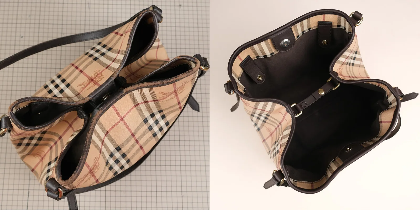 Cận cảnh miệng túi Burberry trước và sau khi bọc lớp da viền mới