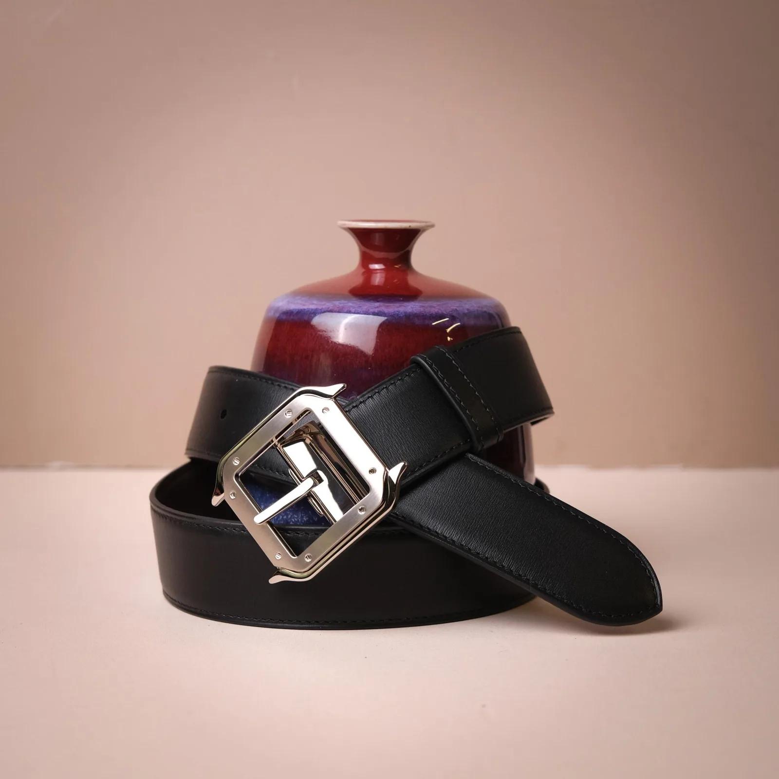 Dây Lưng Da Bò Swift Đen Nâu – Khóa Cartier Bạc